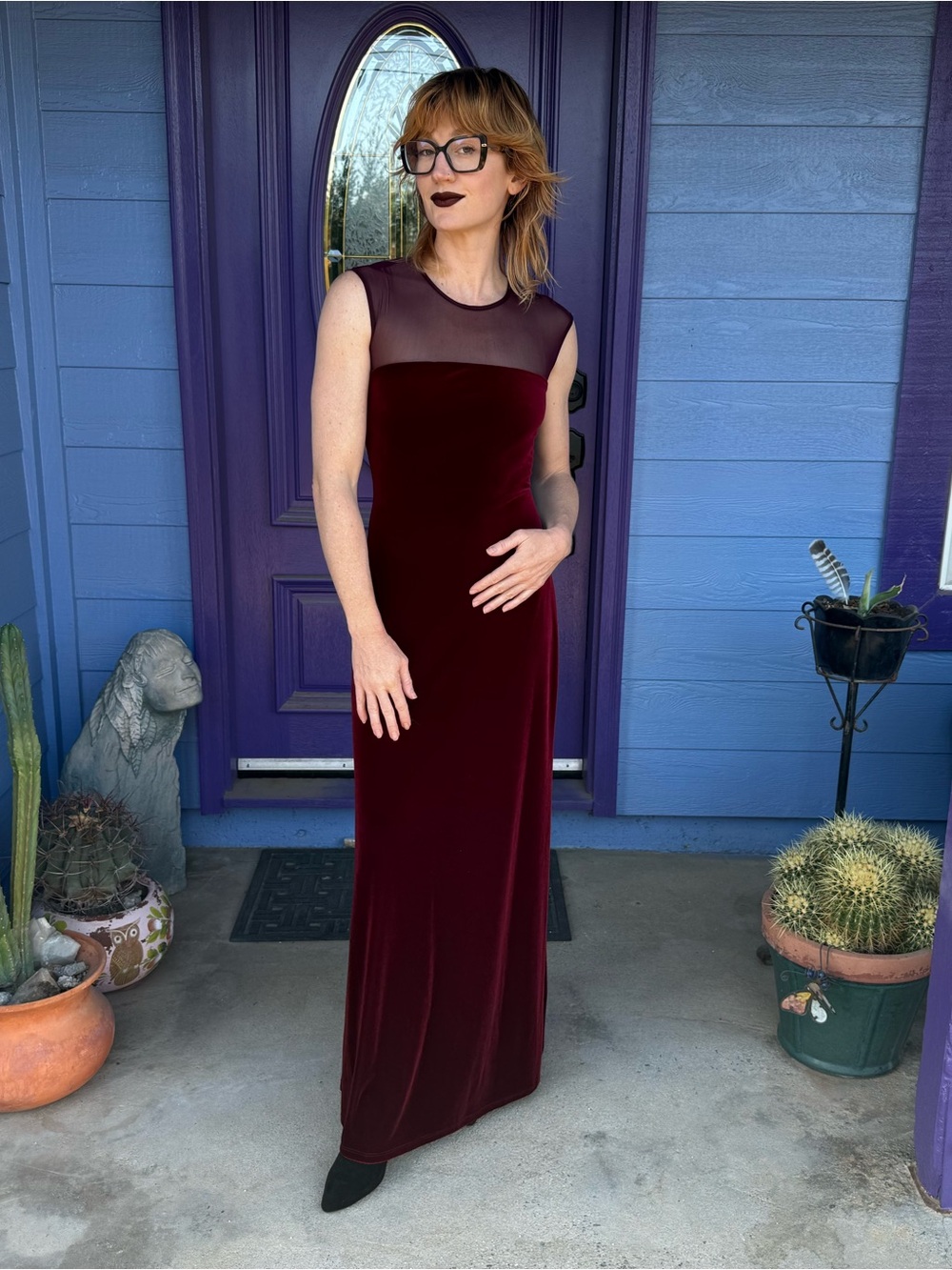 Vintage Y2K Maroon Velvet Mesh Maxi Dress By KiKi Size Small Formal Prom Evening